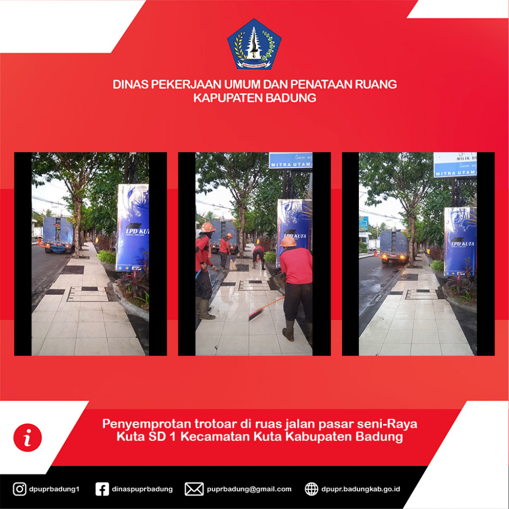 Penyemprotan trotoar di ruas jalan pasar seni-Raya Kuta SD 1 Kecamatan Kuta Kabupaten Badung